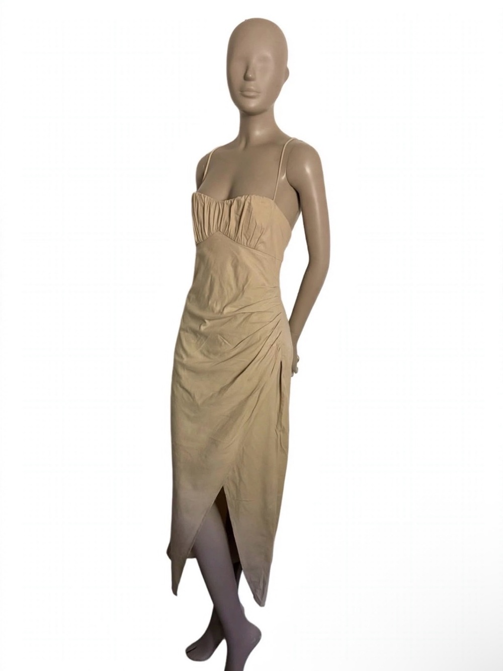Zara Beige Ruched Midi Dress with Spaghetti Straps